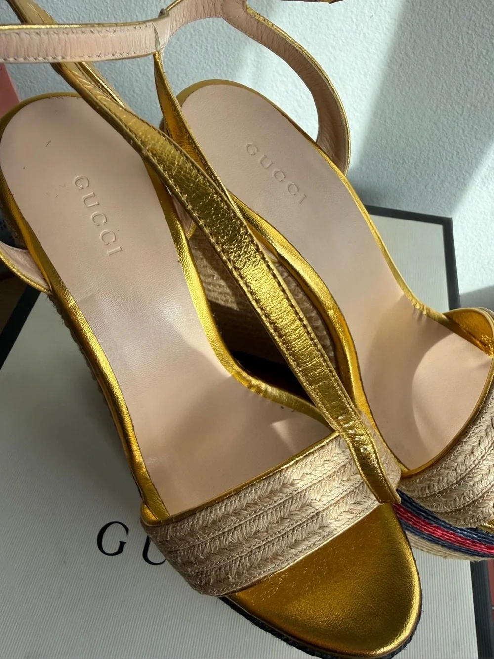 Special Edition Gold-Tone Espadrille Wedge Sandals with Navy & Red Accent